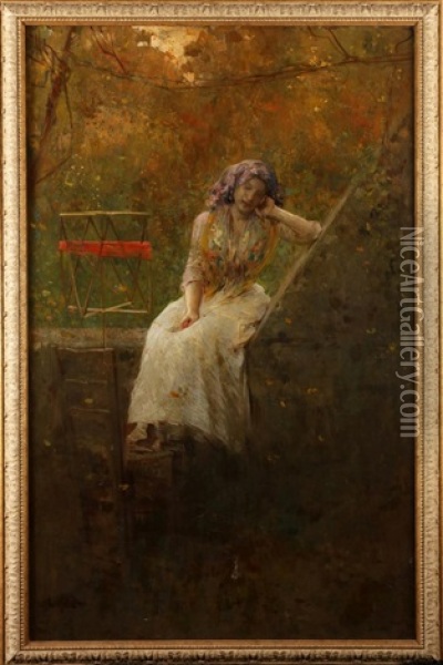 Young Woman In The Garden Oil Painting - Luca Postiglione