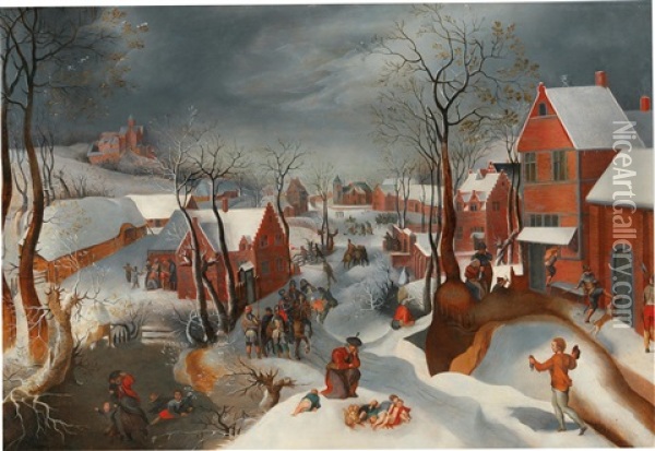 A Winter Landscape With The Massacre Of The Innocents (and Attributed To Gillis Mostaert) Oil Painting - Jacob Grimmer