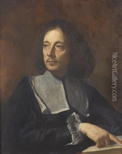 Portrait Of A Giovan Pietro Bellori In Black Costume With A Lawn Collar And Cuffs, Pointing To An Open Book Oil Painting - Carlo Maratta