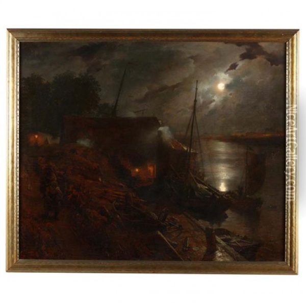 A Dutch Harbor By Moonlight Oil Painting - Andreas Achenbach