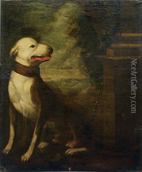 The Hound Of Don Andres De Andrade, Chained To A Plinth, A Landscape Beyond Oil Painting - Bartolome Esteban Murillo