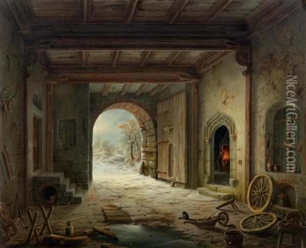 Blacksmith's Forge In Winter Oil Painting - Wilhelm Steuerwald