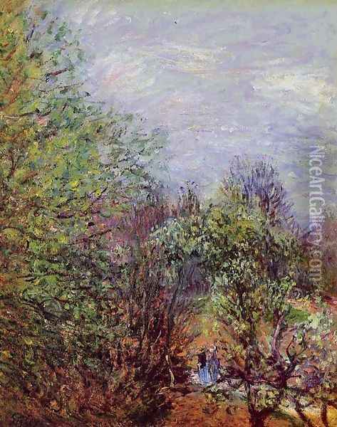 Two Women Walking along the riverbank Oil Painting - Alfred Sisley