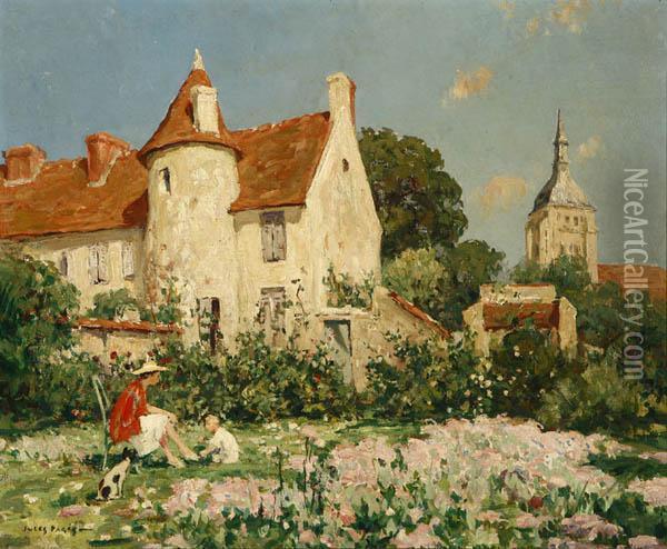 Figures And Dog In A French Chateau Garde Oil Painting - Jules Eugene Pages