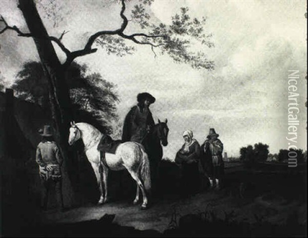 Horsemen Stopped In A Landscape Oil Painting - Ludolf de Jongh