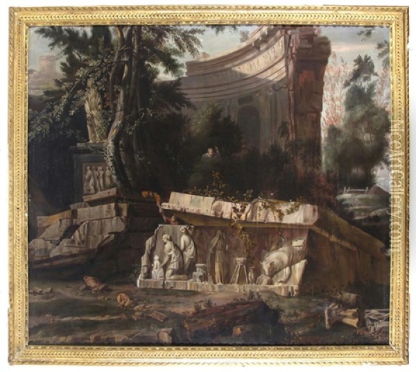 Rustics Amongst Roman Ruins And A Bas Relief Mausoleum, A Hilltop Town Beyond Oil Painting - William Gowe Ferguson