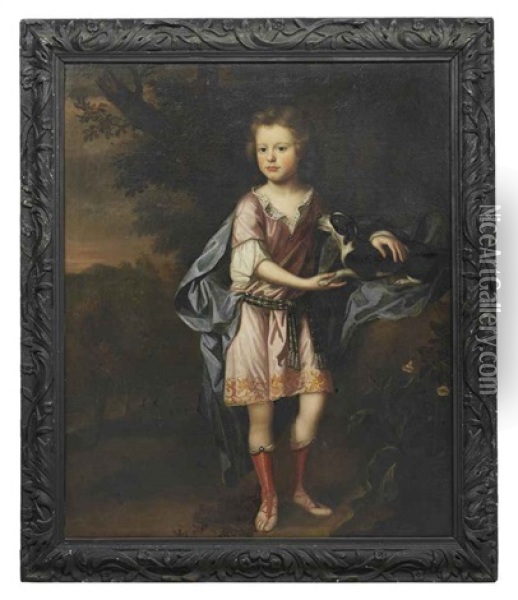 Portrait Of A Young Boy, In Classical Costume, A Spaniel At His Side, In A Landscape Oil Painting - Robert Byng