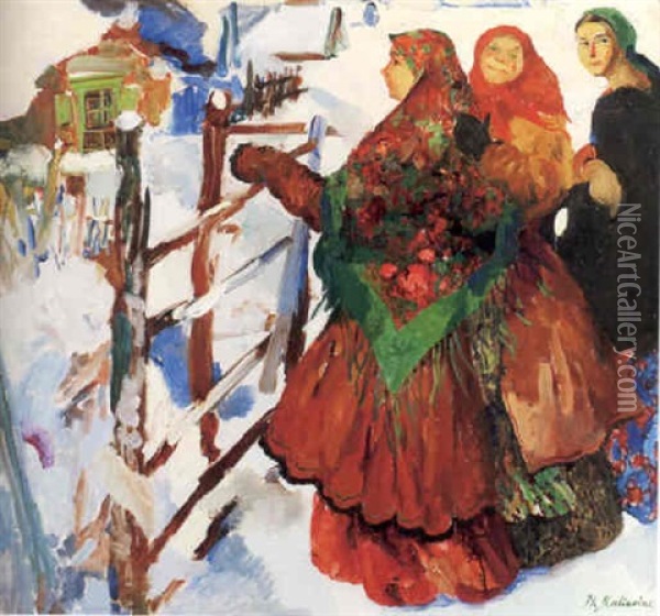 Vinterlandskap Med Ryska Kvinnor Vi Staket Oil Painting - Filip Malyavin