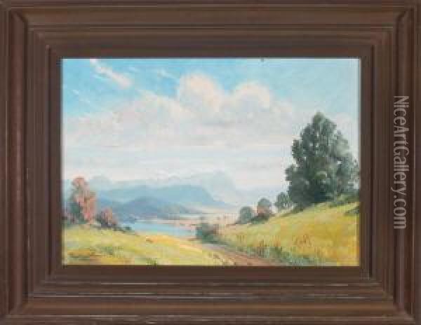Weite Dunstige Landschaft Mit Blick Zum Wettersteingebirge Oil Painting - Hermann Maurer