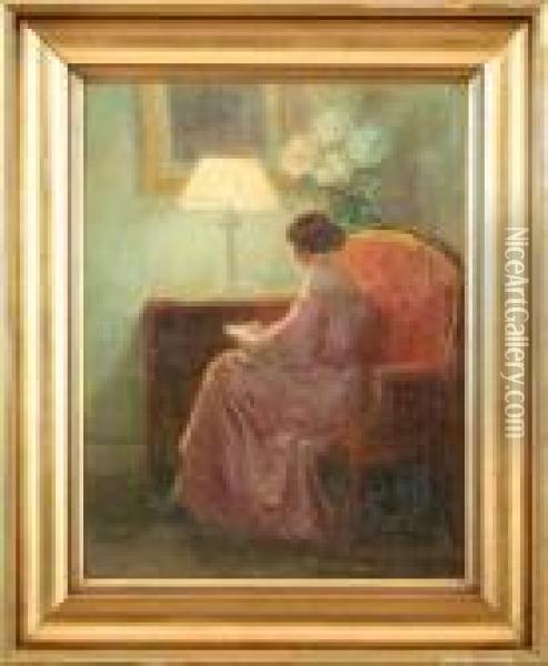 A Reading Woman By The Lamp Oil Painting - Poul Friis Nybo