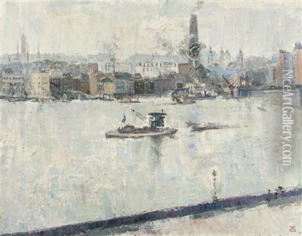 The Thames Near Battersea Bridge, London (1918) Oil Painting - Marcel Jefferys