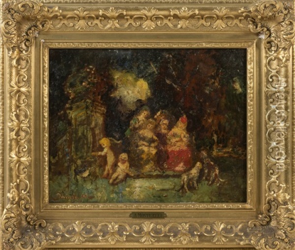 Classical Figures In A Garden Oil Painting - Adolphe Monticelli