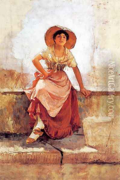 Florentine Flower Girl I Oil Painting - Frank Duveneck