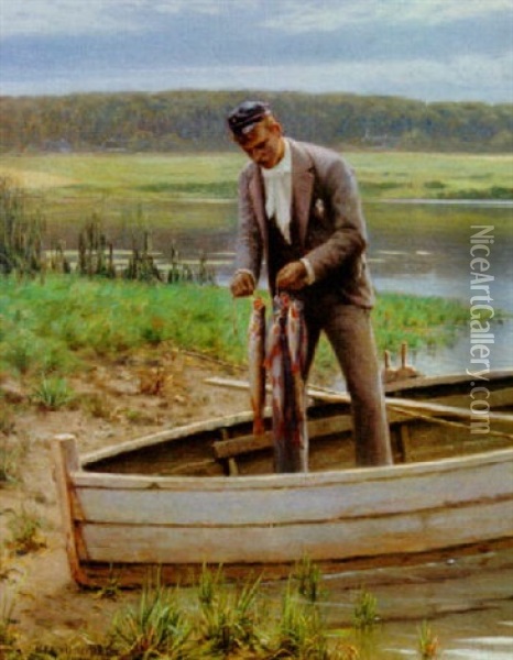 A Fisherman With His Catch Oil Painting - Niels Frederik Schiottz-Jensen
