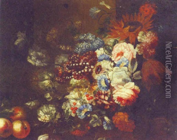 Flowers And Fruit On A Bank Oil Painting - Abraham Brueghel
