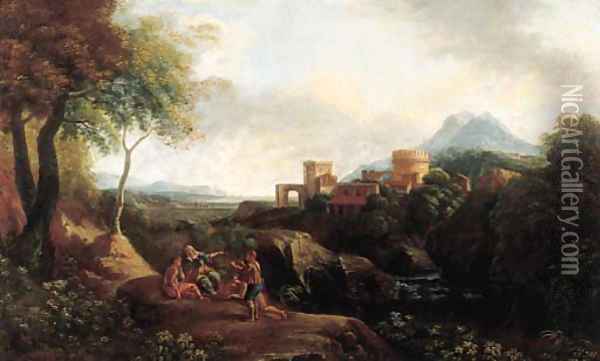 Shepherds on a cliff overlooking a river, a town on a hilltop beyond, in an Italianate landscape Oil Painting - Jan Frans Van Bloemen (Orizzonte)