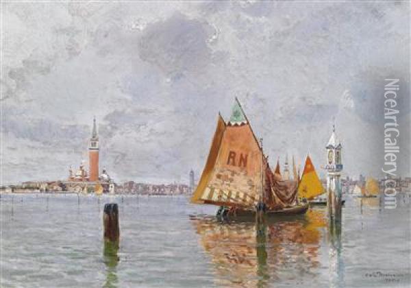 Fishing Boats In The Venetian Lagoon Oil Painting - Carlo Brancaccio