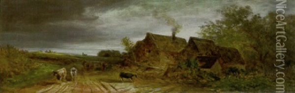 Rinder An Einem Bauerlichen Anwesen Oil Painting - Eduard Schleich the Elder