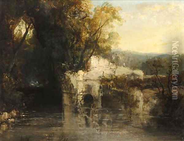 Figures on a ruined bridge in a wooded river landscape Oil Painting - John Rawson Walker