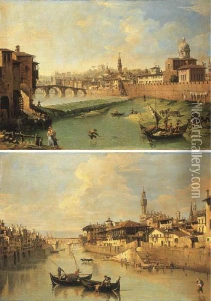 Vue De L'arno Avec Le Ponte Alla Carraia; Et Le Ponte Vecchio,florence Oil Painting - Giuseppe Zocchi