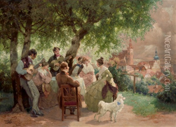 Frohliche Gesellschaft In Der Wachau, Im Hintergrund Krems Oil Painting - Rudolf Alfred Hoeger