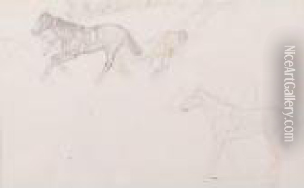Etude Pour Le Jockey Blesse : Un Cheval Deleste De Son Cavalier Et Un Cheval Monte Oil Painting - Edgar Degas