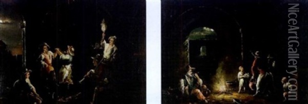 Scene Paysanne Au Clair De Lune: La Chasse (+ La Collation; Pair) Oil Painting - Matteo de' Pitocchi (Matteo Ghidoni)