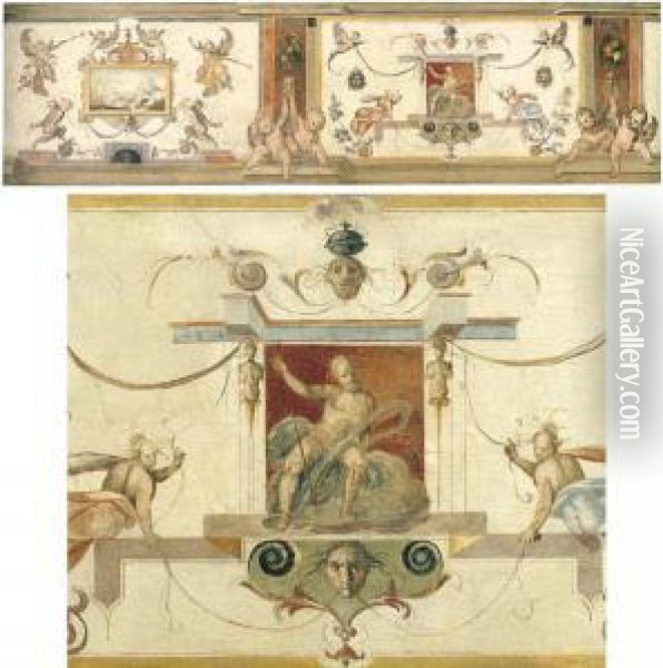 A Decorative Panel With 
Grotesques And Putti Flanking Panels With A Landscape And Neptune Oil Painting - Cherubino Alberti