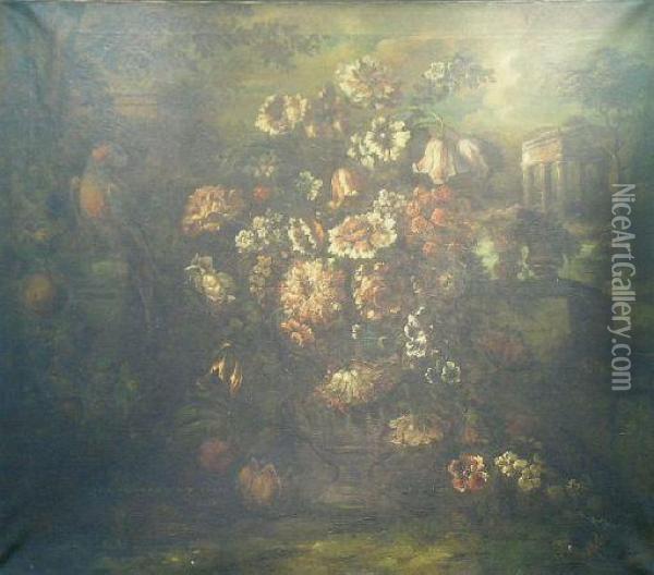 Floral Still Life With Parrot Amidst Ruins Oil Painting - Gasparo Lopez