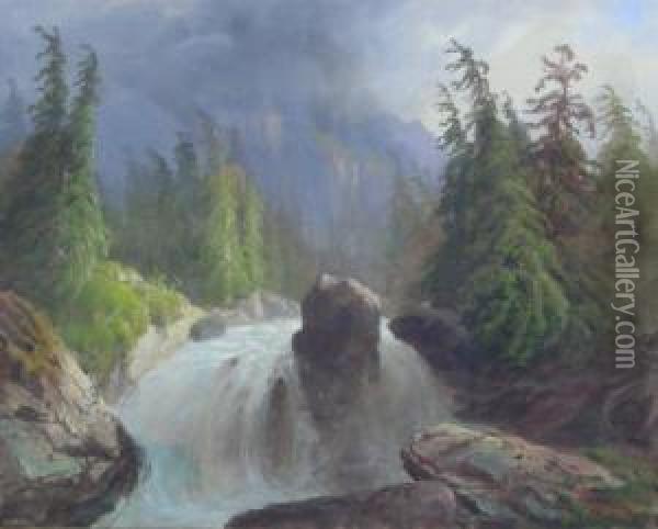 Swiss Waterfall Scene Oil Painting - Luc Henri Mottu