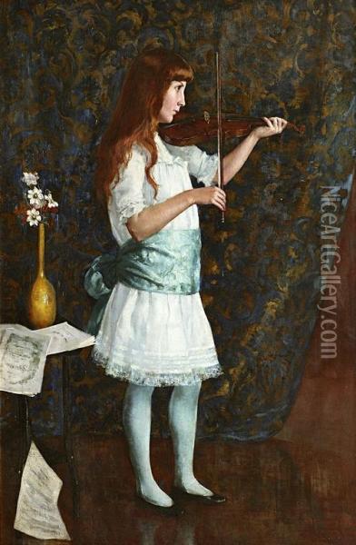 Young Girl Playing The Violin Oil Painting - Arthur Jose Souza De Loureiro