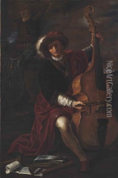 A Musician In A Plumed Hat Playing A Viola Da Gamba Oil Painting - Pier Francesco Mola
