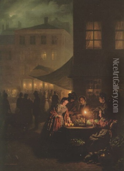A Vegetable Market By Candlelight Oil Painting - Petrus van Schendel