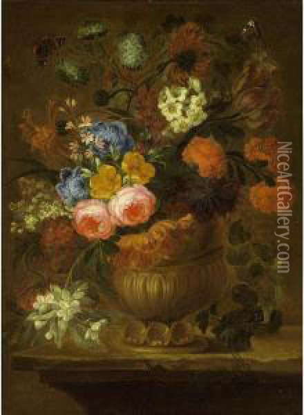 A Still Life With Cabbage Roses,
 Peonies, An Opium Poppy, Tulips, Snow Balls, Marigold And Other Flowers
 In A Sculpted Vase On A Wooden Table, Together With A Painted Lady, A 
Red Admiral And Another Butterfly Oil Painting - Jan-baptist Bosschaert