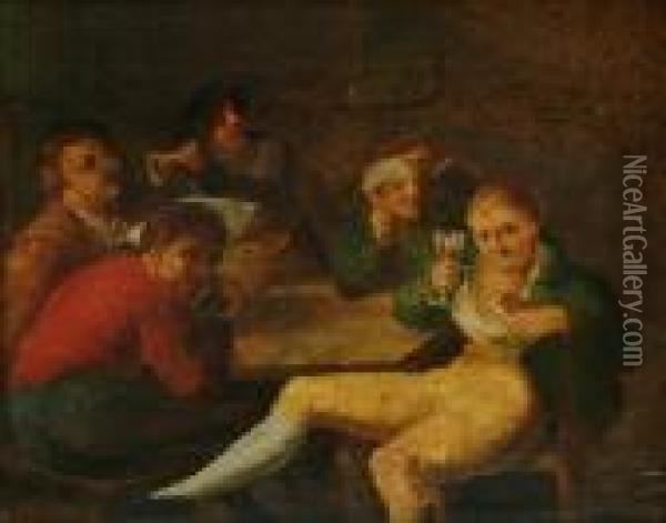 A Tavern Interior With Figures Drinking Oil Painting - Adriaen Brouwer