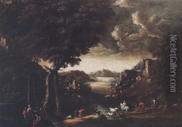 An Extensive River Landscape With Travellers On A Track And Figures Resting By A Pool Oil Painting - Don Giuseppe Ronzelli