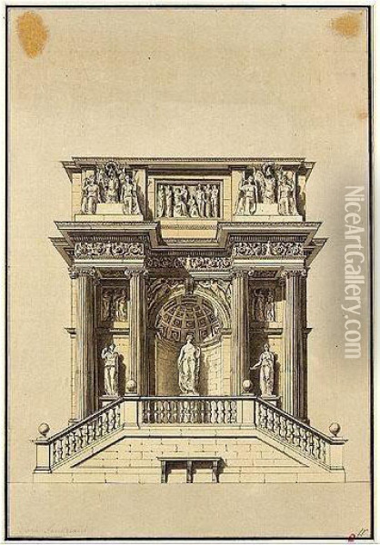Design For A Classical Monument With Statues, Central Niche, Four Ionic Columns, And Elaborate Architrave Oil Painting - Paolo Landriani