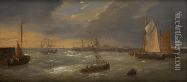 Barques De Peche Pres De L'estacade Oil Painting - Louis Verboeckhoven