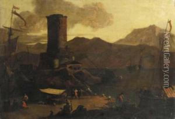 A Mediterranean Coastal 
Landscape With Fishermen And Merchants On Aquay By A Ruined Tower Oil Painting - Adriaen Van Der Kabel