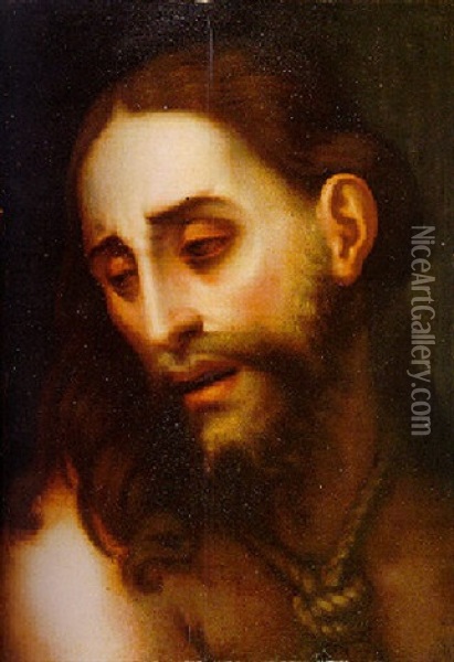 Head Of Christ With A Rope Around His Neck Oil Painting - Luis de Morales