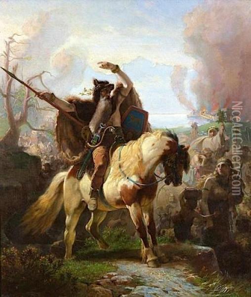 Depart D'une Tribu Celte D'un Village En Feu Oil Painting - Albert Landerer