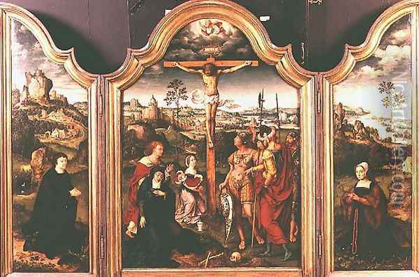 Triptych: Crucifixion flanked by kneeling Donors Oil Painting - Joos Van Cleve