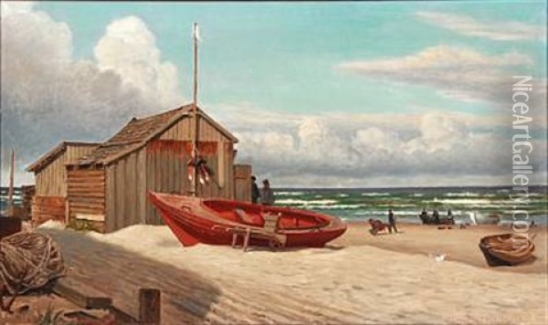 Coastal Scene From Hirtshals With Rowing Boats On The Beach Oil Painting - Christian Blache