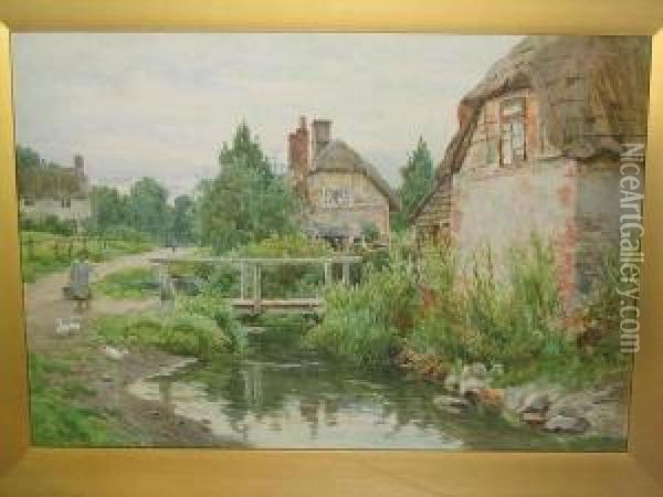 Village Scene With Brook, Geese And Maid Fetching Water Oil Painting - Tom Clough