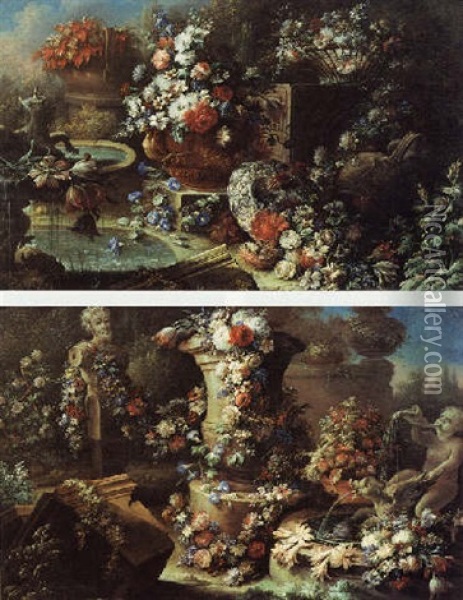 An Ornamental Garden With A Still Life Of Flowers In Vases And Baskets, A Fountain Nearby Oil Painting - Gasparo Lopez