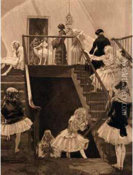 [jeunes Filles Sortant Du Cours De Ballet]. Vers 1900. Oil Painting - Paul Renouard