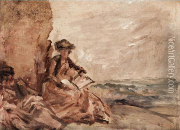 Girls On The Beach (recto), A Reclining Female Nude (verso) Oil Painting - Philip Wilson Steer
