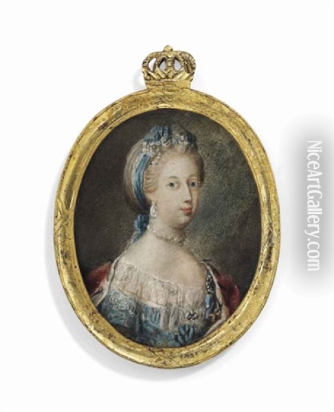 Caroline-mathilde (1751-1775), Queen Of Denmark, In Lace-bordered Blue Dress, Ermine-bordered Red Cloak Over Her Shoulders, Pearl Necklace, Earring, Pearls Entwined With Blue Ribbons In Her Hair Oil Painting - Andreas Thornborg