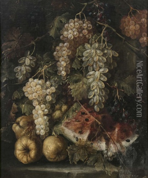 Figs, Pomegranates And Grapes On A Stone Ledge Oil Painting - Giovanni Battista Ruoppolo