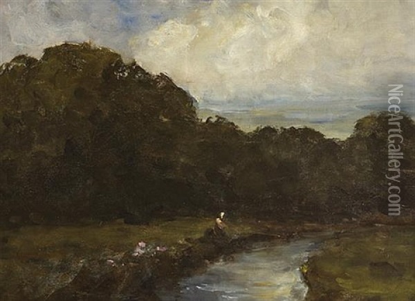 A Fisherman On A Wooded River Bank Oil Painting - Nathaniel Hone the Elder